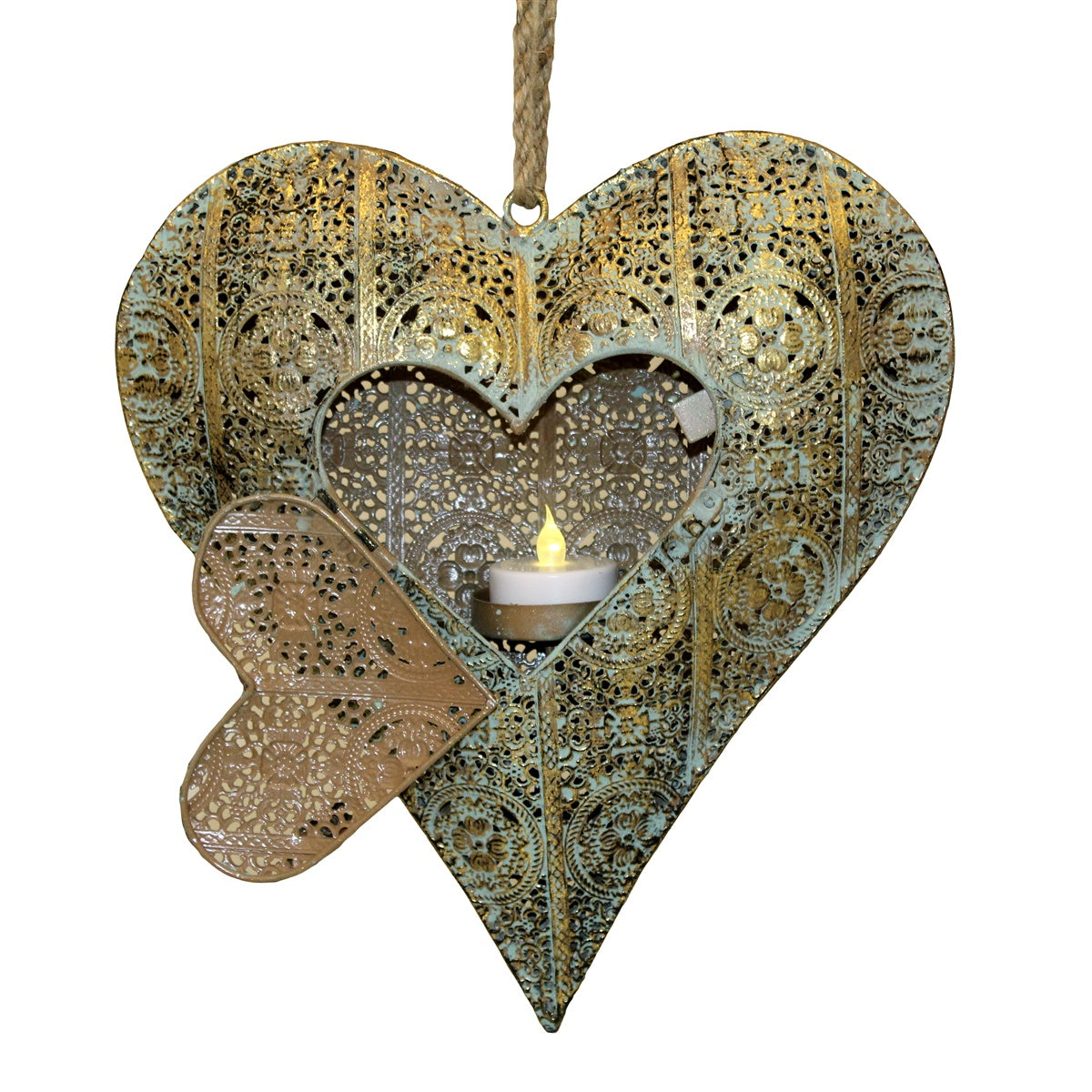 Gold on Sage Metal Heart Tea Light Holder Gold on Sage Metal Heart Tea Light Holder