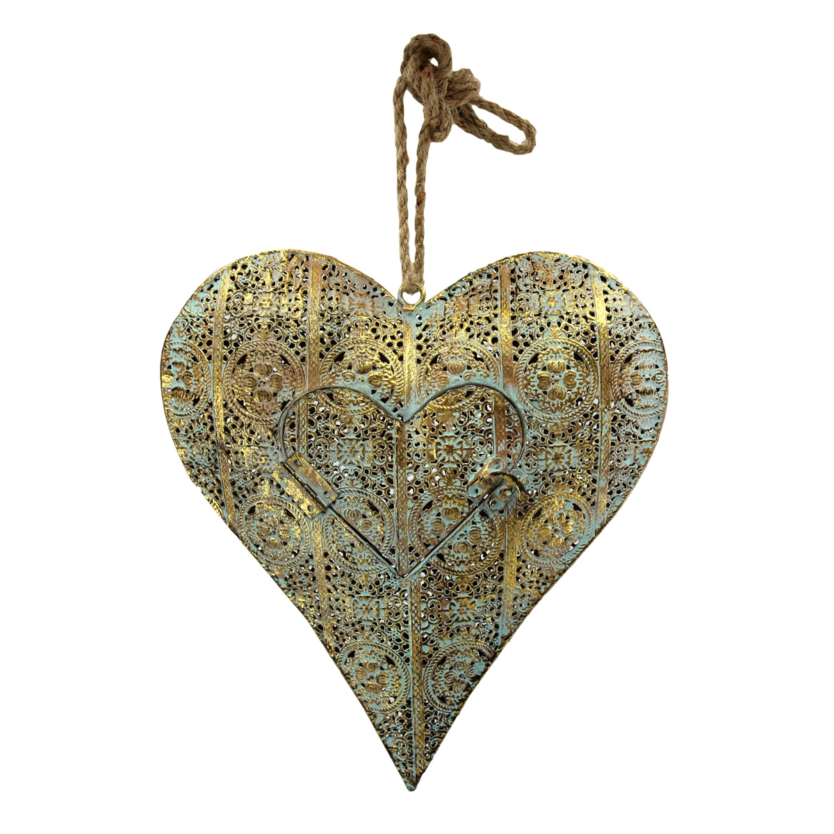 Gold on Sage Metal Heart Tea Light Holder Gold on Sage Metal Heart Tea Light Holder