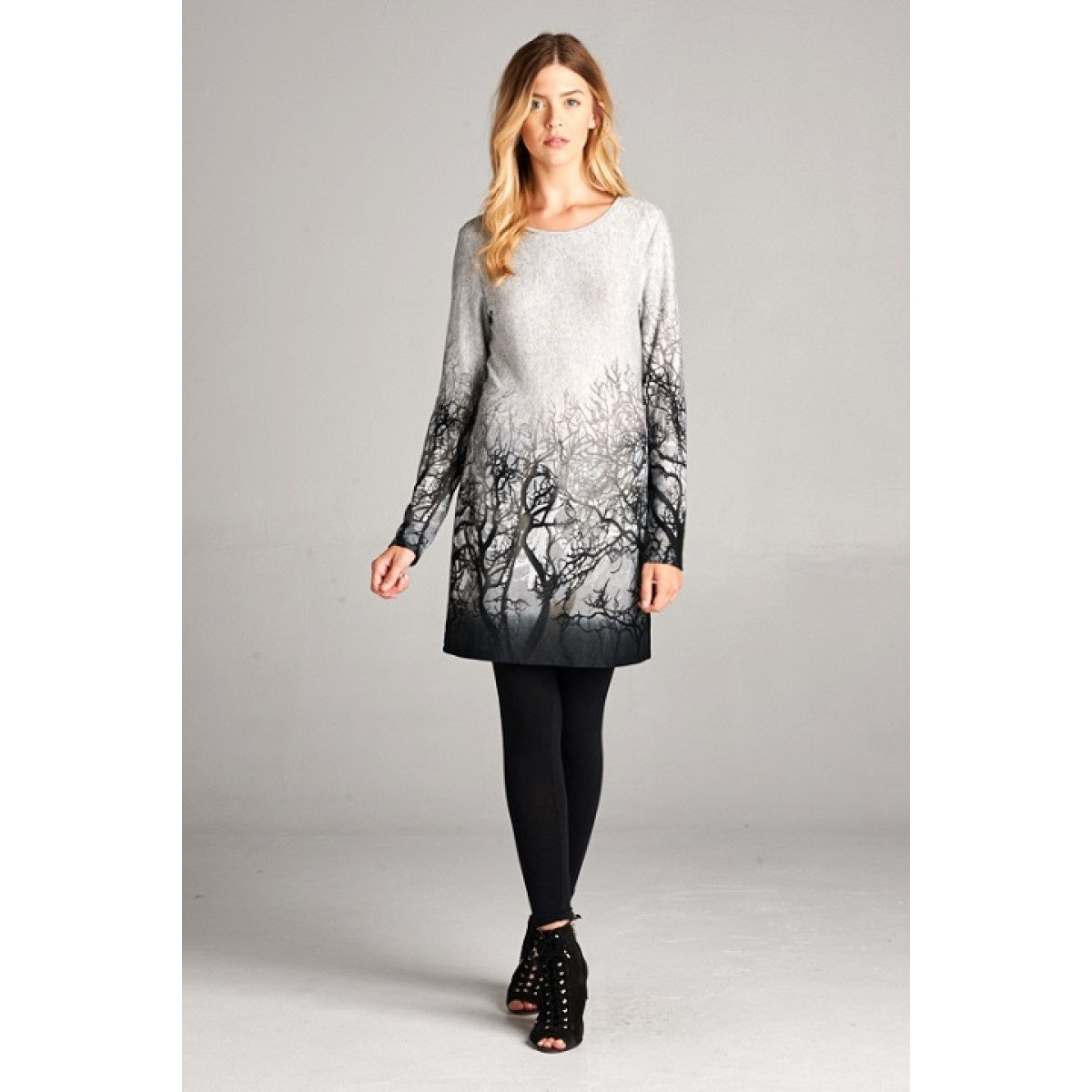 Grey Tunic Dress With Tree Branches Design