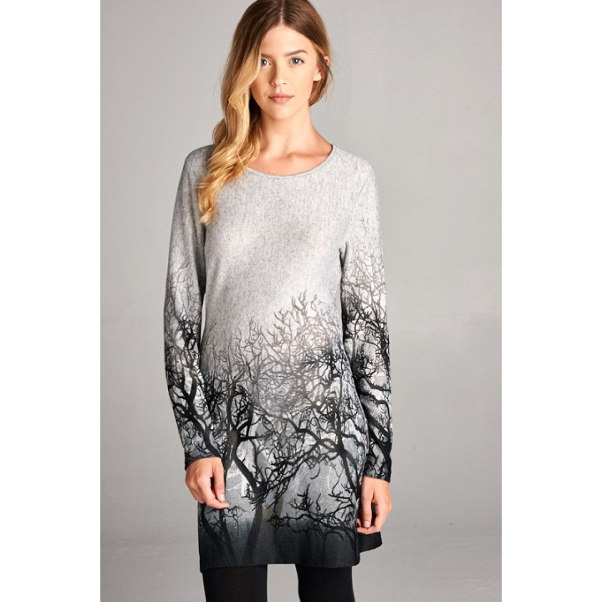Grey Tunic Dress With Tree Branches Design