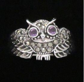 Sterling Silver Owl w/Amethyst Eyes and Marcasite Body/Wings Ring Sterling Silver Owl w/Amethyst Eyes and Marcasite Body/Wings Ring