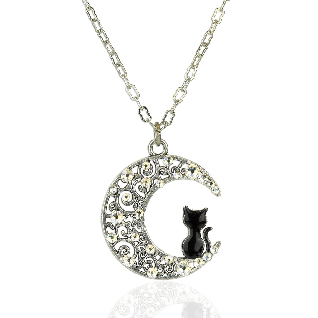 Celestial Black Cat on the Moon Necklace